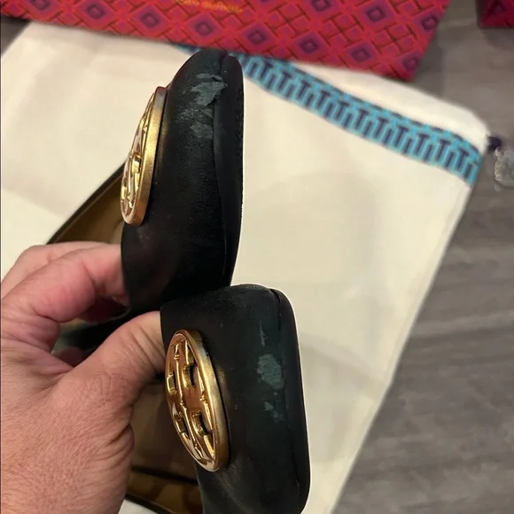 Tory Burch Black Leather Block Heels with Gold Logo- with dustbag and box. - Picture 7 of 7